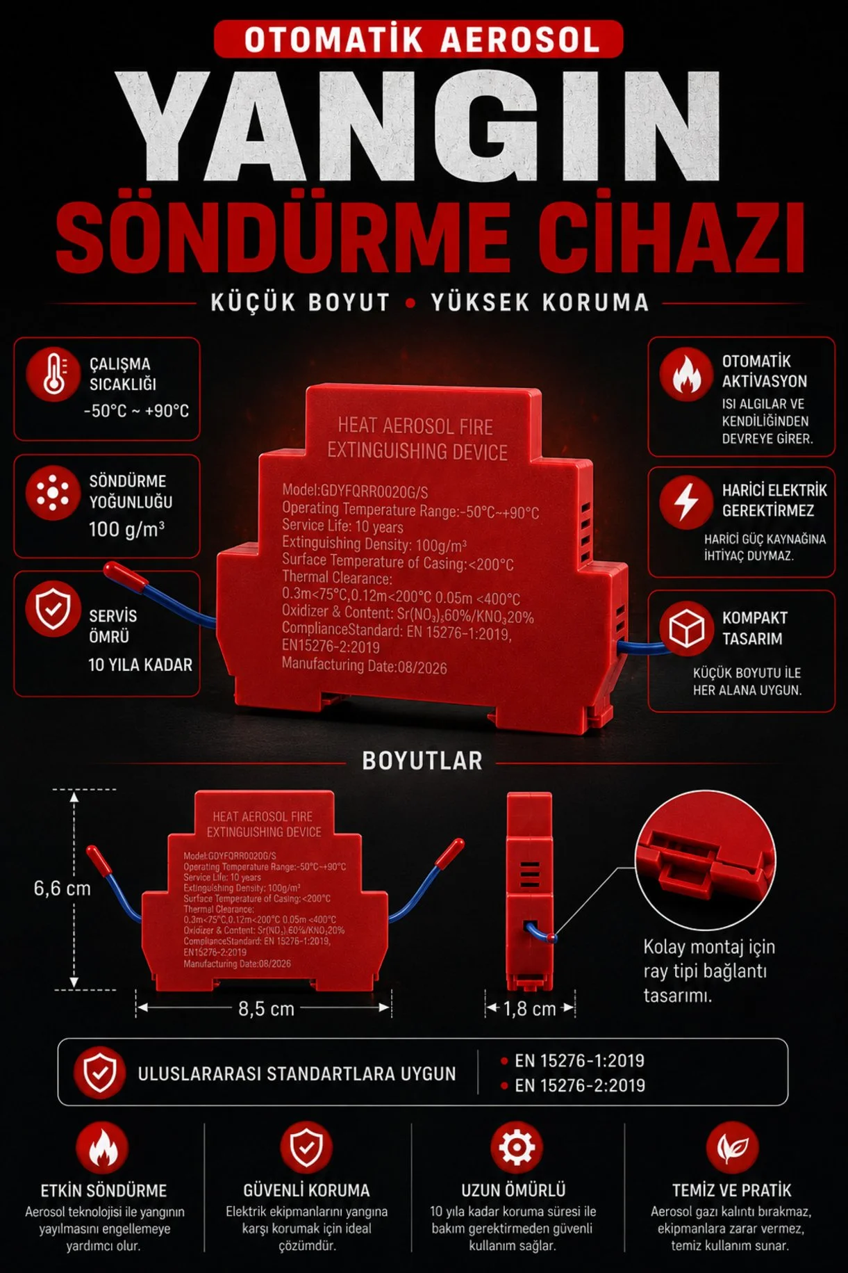 Elektrik panosu içine monte edilmiş söndürme cihazı