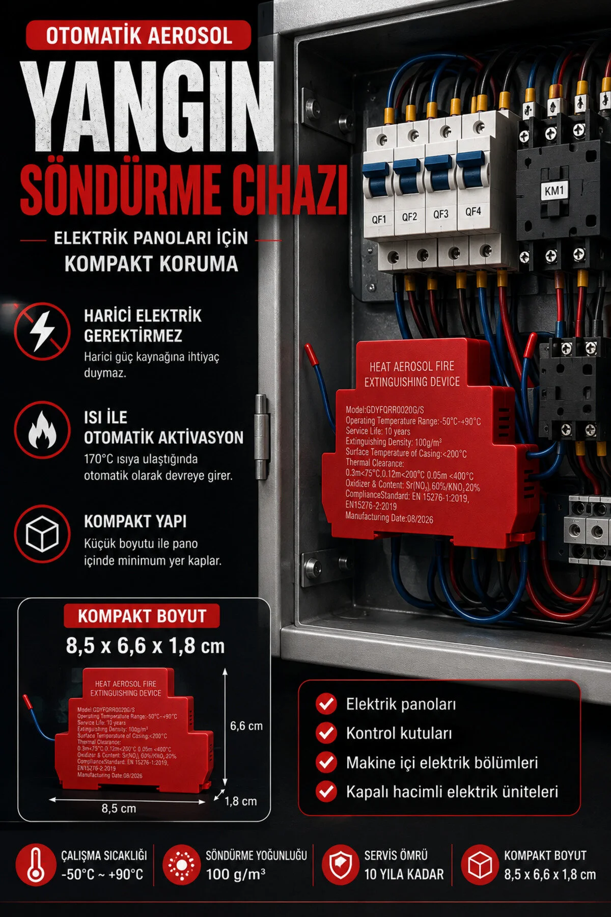 Cihazın gövdesindeki teknik etiket ve ölçüler